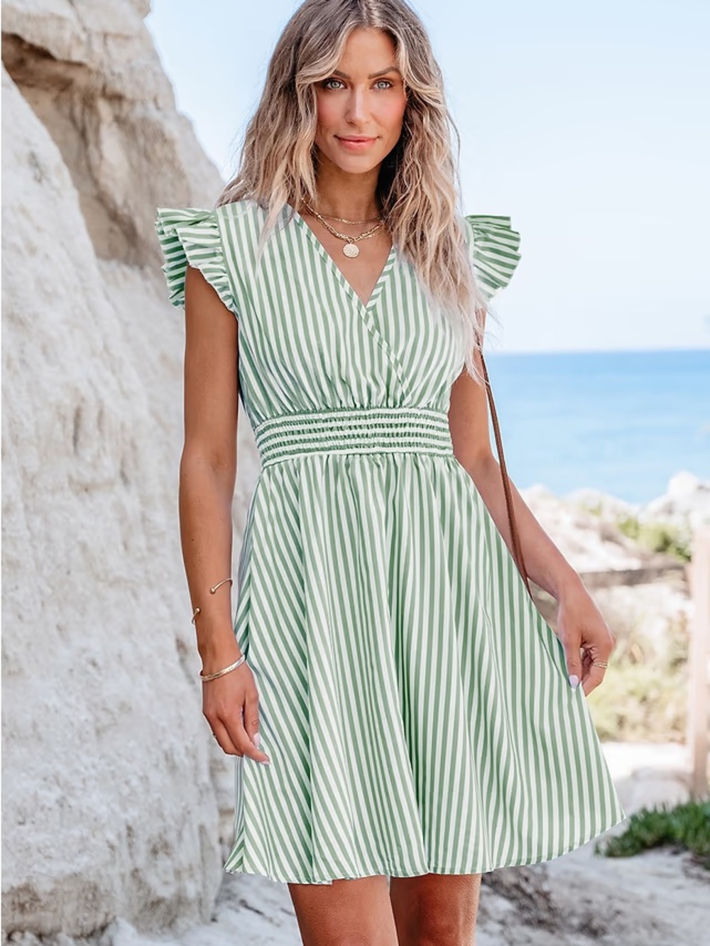 Women's Green Stripe V-Neck Summer Dress by Amazon brand Cupshe